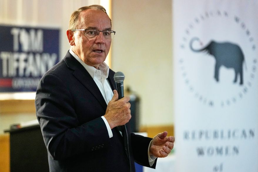 FILE - Republican gubernatorial candidate Tom Tiffany talks to supporters during a campaign event, July 29, 2026, in Kenosha, WI. (AP Photo/Nam Y. Huh, File)