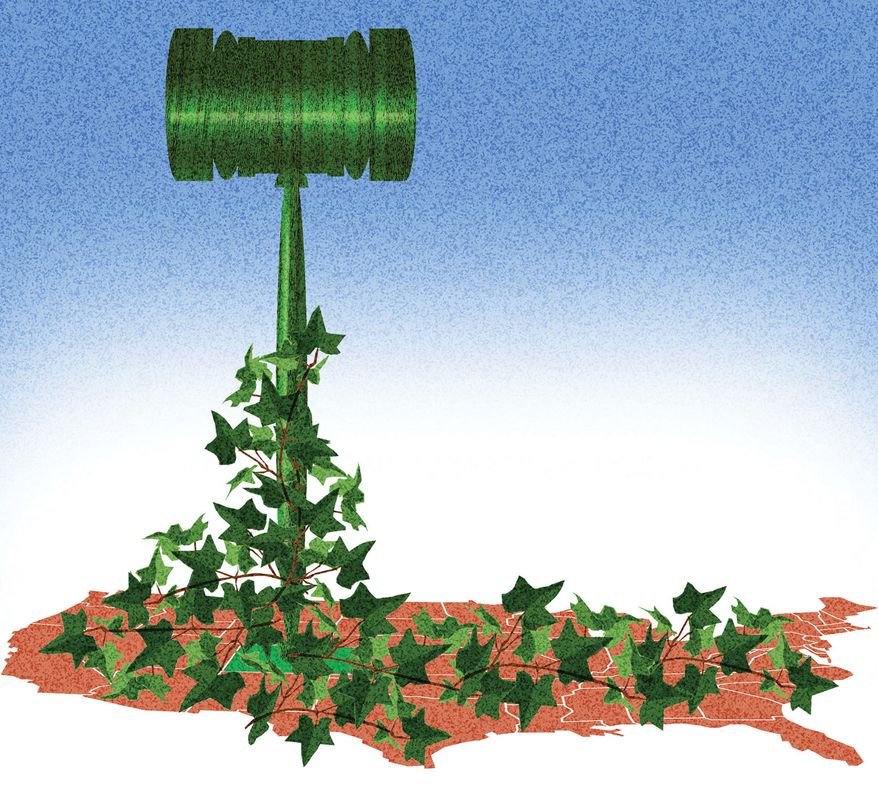 The courts and climate policy in the United States of America illustration by Alexander Hunter/The Washington Times