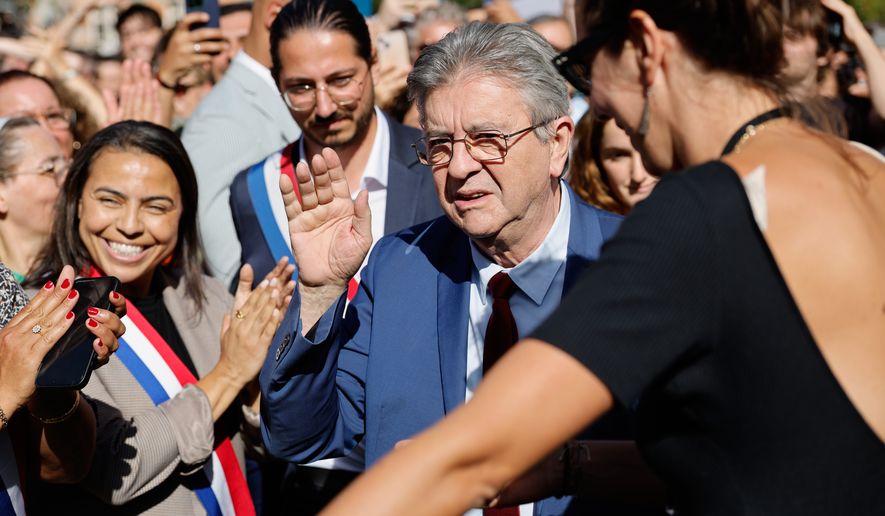 French far-left leader Jean-Luc Melenchon, candidate at the presidential election arrives to give a speech during the annual Braderie in Lille, northern France, Saturday, Sept. 5, 2026. (AP Photo/Jean-Francois Badias)