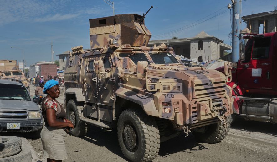 An armored police vehicle that is part of Gang Suppression Force (GSF) patrols in Port-au-Prince, Haiti, Tuesday, Sept. 29, 2026. (AP Photo/Odelyn Joseph)