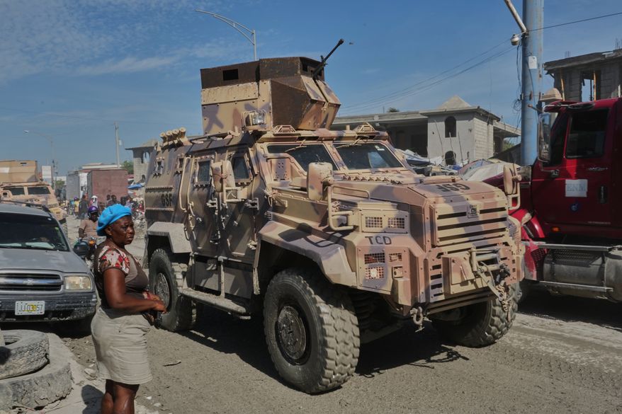 An armored police vehicle that is part of Gang Suppression Force (GSF) patrols in Port-au-Prince, Haiti, Tuesday, Sept. 29, 2026. (AP Photo/Odelyn Joseph)