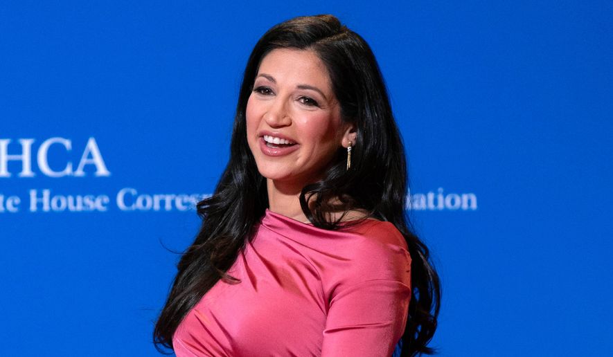 Katie Miller poses for photographers as she arrives at the annual White House Correspondents' Association Dinner in Washington, April 25, 2026. (AP Photo/Jose Luis Magana, File)