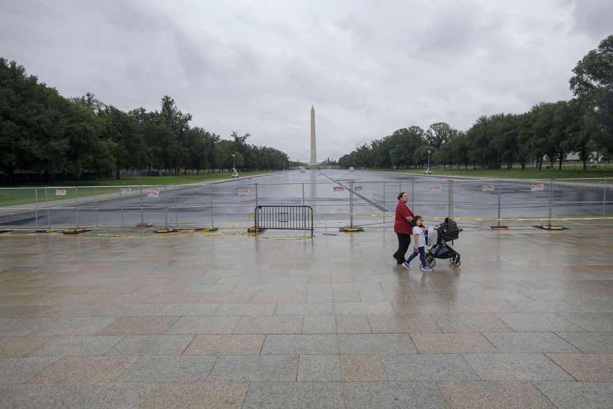 People pass by an empty Reflecting Pool at the Lincoln Memorial in Washington, Monday, Sept. 21, 2026. (AP Photo/Rod Lamkey, Jr.)