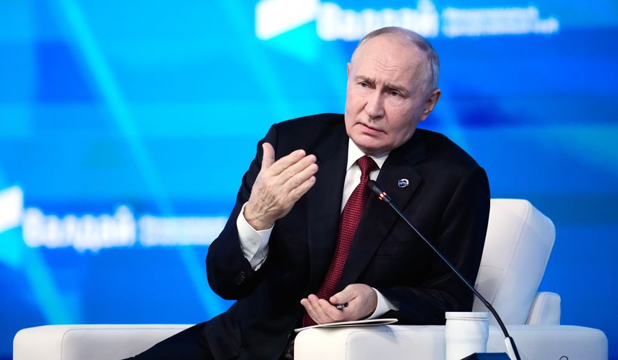 Russian President Vladimir Putin speaks at the session of the Valdai Discussion Club in Moscow, Thursday, Oct. 1, 2026. (AP Photo/Pavel Bednyakov)