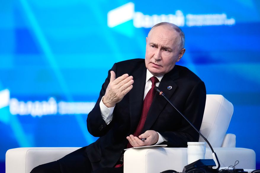Russian President Vladimir Putin speaks at the session of the Valdai Discussion Club in Moscow, Thursday, Oct. 1, 2026. (AP Photo/Pavel Bednyakov)