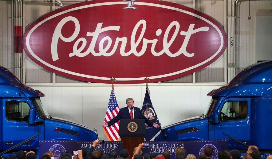 President Donald Trump speaks at the Peterbilt Motors Company, Thursday, Oct. 1, 2026, in Denton, Texas. (AP Photo/Tony Gutierrez