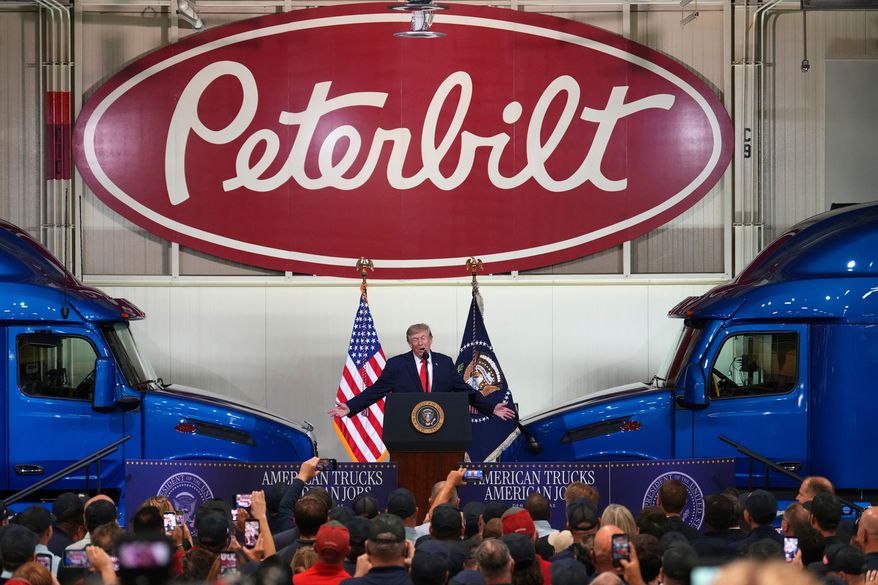 President Donald Trump speaks at the Peterbilt Motors Company, Thursday, Oct. 1, 2026, in Denton, Texas. (AP Photo/Tony Gutierrez