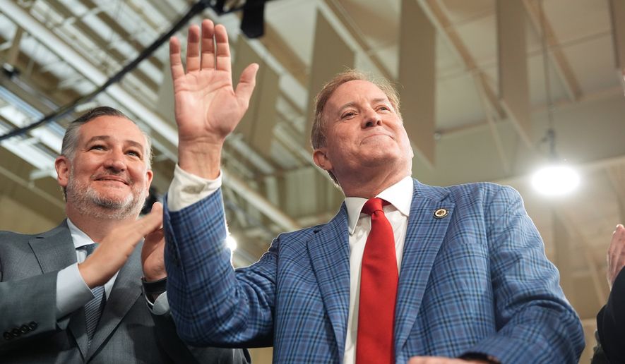 Sen. Ted Cruz, R-Texas, applauds Republican U.S. Senate candidate Texas Attorney General Ken Paxton as President Donald Trump speaks at Peterbilt Motors, Thursday, Oct. 1, 2026, in Denton, Texas. (AP Photo/Alex Brandon)