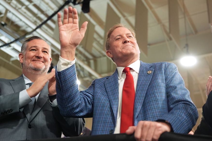 Sen. Ted Cruz, R-Texas, applauds Republican U.S. Senate candidate Texas Attorney General Ken Paxton as President Donald Trump speaks at Peterbilt Motors, Thursday, Oct. 1, 2026, in Denton, Texas. (AP Photo/Alex Brandon)