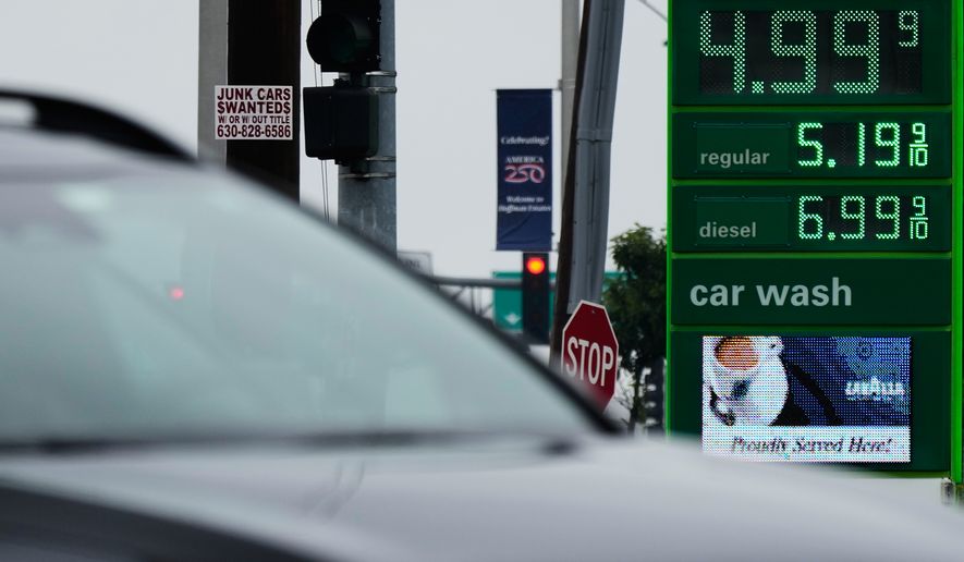 Gas prices are displayed at a gas station in Streamwood, Ill., Wednesday, Sept. 30, 2026. (AP Photo/Nam Y. Huh)