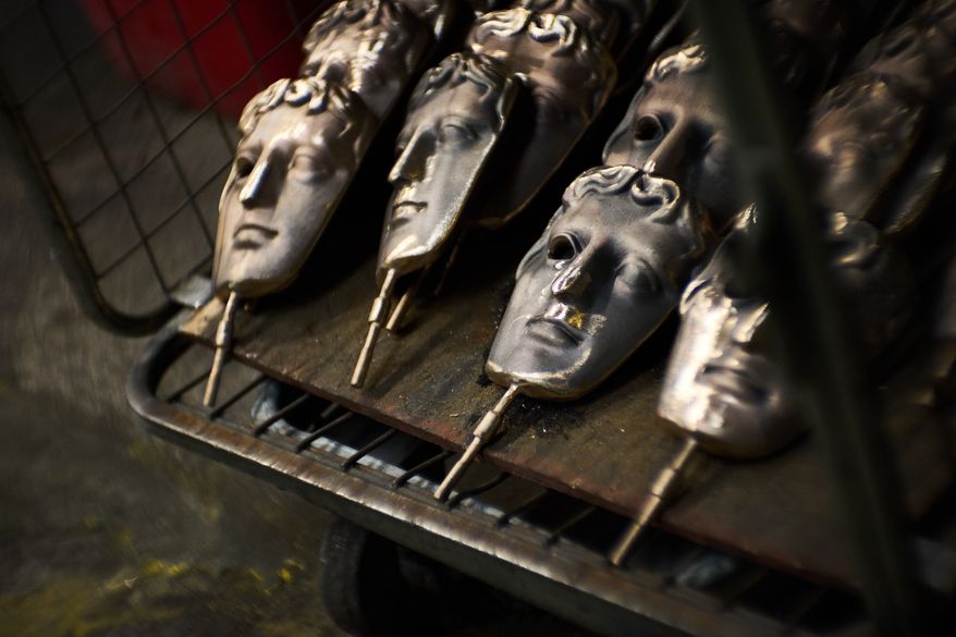 British Academy Film Awards masks as part of the process to create BAFTA masks at FSE Foundry in Braintree, England on Tuesday, Feb. 10, 2026. (Scott A Garfitt/Invision/AP)