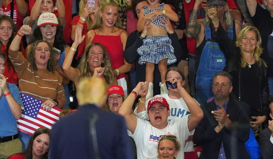 People react as President Donald Trump speaks at a campaign rally at the Choctaw Event Center, Thursday, Oct. 1, 2026, in Durant, Okla. (AP Photo/Julio Cortez)