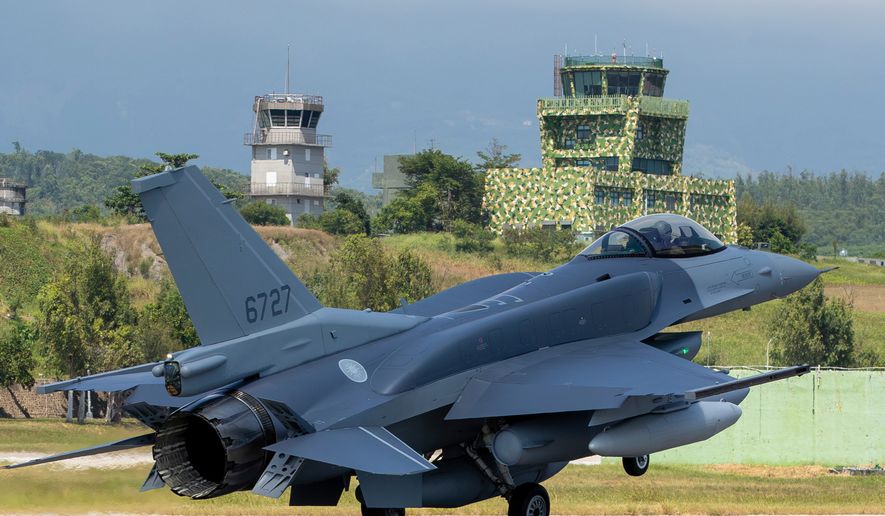 In this photo released by the Taiwan Ministry of National Defense, a F-16V Block 70 fighter jet, one of two delivered to Taiwan from a purchase of 66 from the U.S., arrives at the Zhi-Hang airbase in Taitung in southeastern Taiwan, Friday, Oct. 2, 2026. (Taiwan Ministry of National Defense via AP)