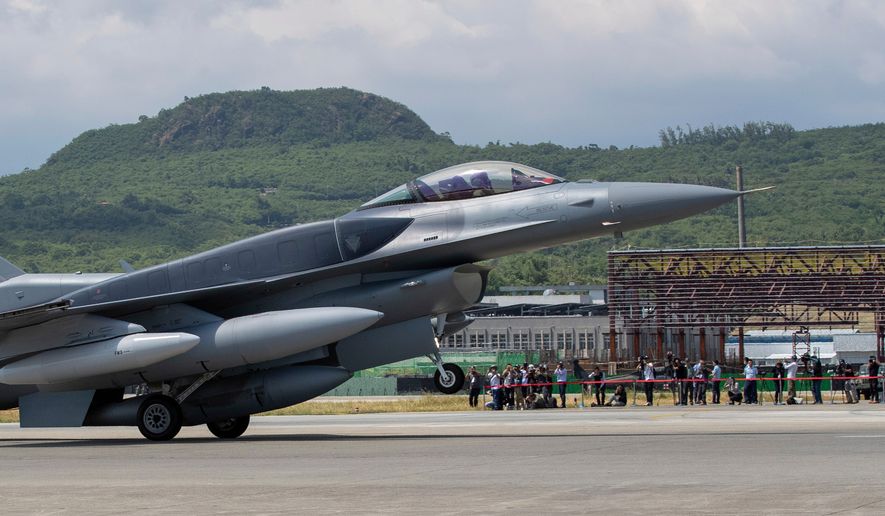 In this photo released by the Taiwan Ministry of National Defense, a F-16V Block 70 fighter jet, one of two delivered to Taiwan from a purchase of 66 from the U.S., arrives at the Zhi-Hang airbase in Taitung in southeastern Taiwan, Friday, Oct. 2, 2026. (Taiwan Ministry of National Defense via AP)