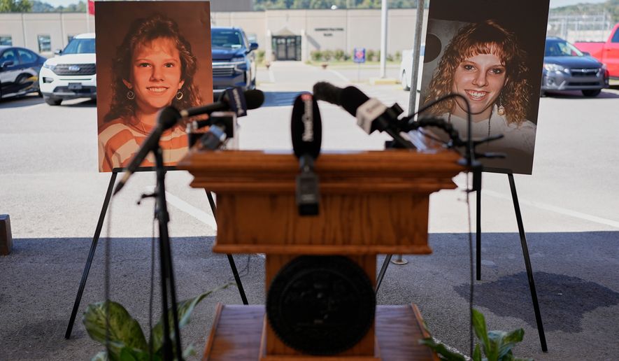 Photographs of Colleen Slemmer, who was murdered in 1995, are displayed outside Riverbend Maximum Security Institution before the planned execution of Christa Pike, Wednesday, Sept. 30, 2026, in Nashville, Tenn. (AP Photo/George Walker IV)