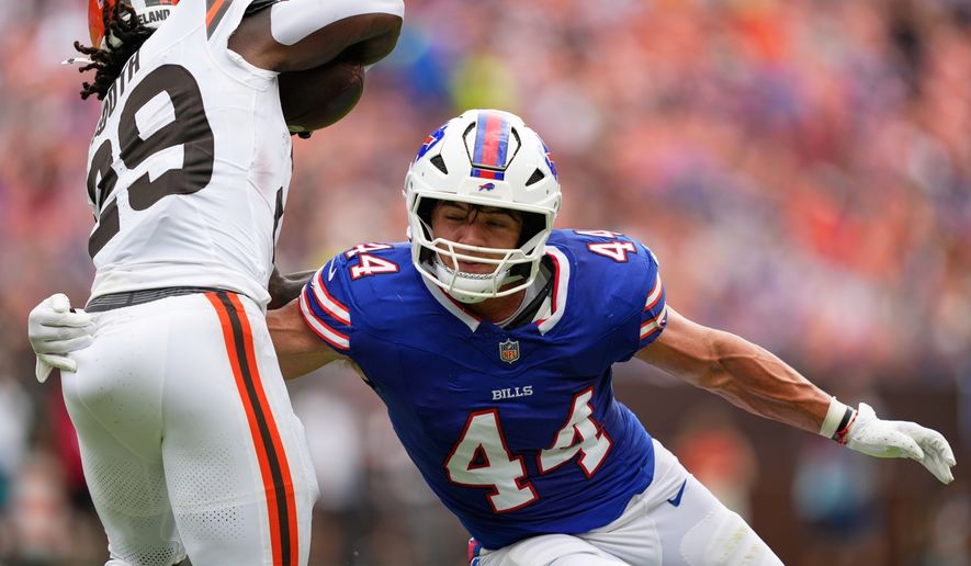 Buffalo Bills linebacker Joe Andreessen (44) tackles Cleveland Browns running back Davon Booth (29) during the first half of an NFL preseason football game, Aug. 22, 2026, in Cleveland. (AP Photo/Carolyn Kaster, File)