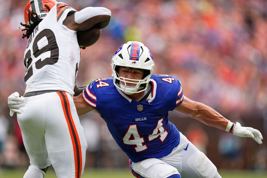 Buffalo Bills linebacker Joe Andreessen (44) tackles Cleveland Browns running back Davon Booth (29) during the first half of an NFL preseason football game, Aug. 22, 2026, in Cleveland. (AP Photo/Carolyn Kaster, File)