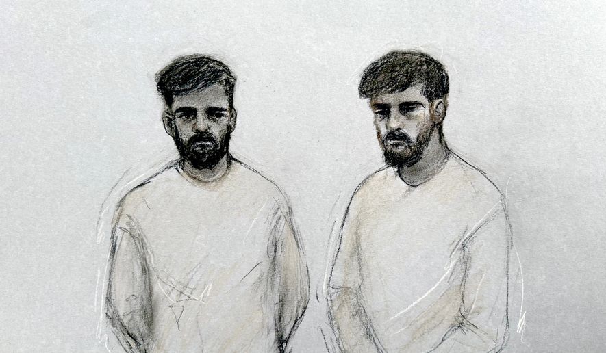 This is a court artist sketch by Elizabeth Cook of Iranian nationals of Salam Ahmadyan, 36, left, of Liverpool and Rahman Salehi, 34, of Salford who have been remanded in custody after appearing at Westminster Magistrates' Court on Saturday morning, Oct. 3, 2026, charged with preparation for terrorist acts over an alleged bomb plot against the Jewish community in Manchester. (Elizabeth Cook/PA via AP)