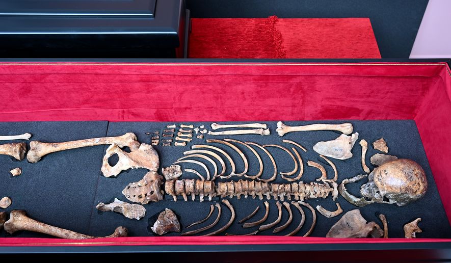 The remains of medieval ruler Czar Samuel are seen inside a coffin during a handover ceremony, in Thessaloniki, northern Greece, Saturday, Oct. 3, 2026. (AP Photo/Giannis Papanikos)