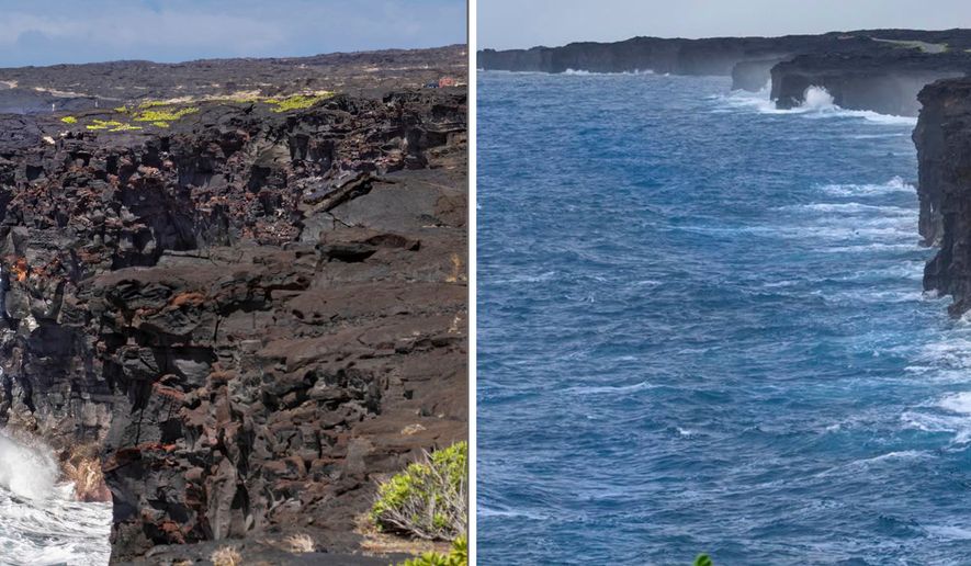 These photos provided by USGS shows from left, the Hōlei Sea Arch in Hawaii Volcanoes National Park in 2022 the Hōlei Sea Arch after collapsing into the Pacific Ocean on Sept. 27, 2026. (USGS via AP)