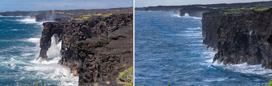 These photos provided by USGS shows from left, the Hōlei Sea Arch in Hawaii Volcanoes National Park in 2022 the Hōlei Sea Arch after collapsing into the Pacific Ocean on Sept. 27, 2026. (USGS via AP)