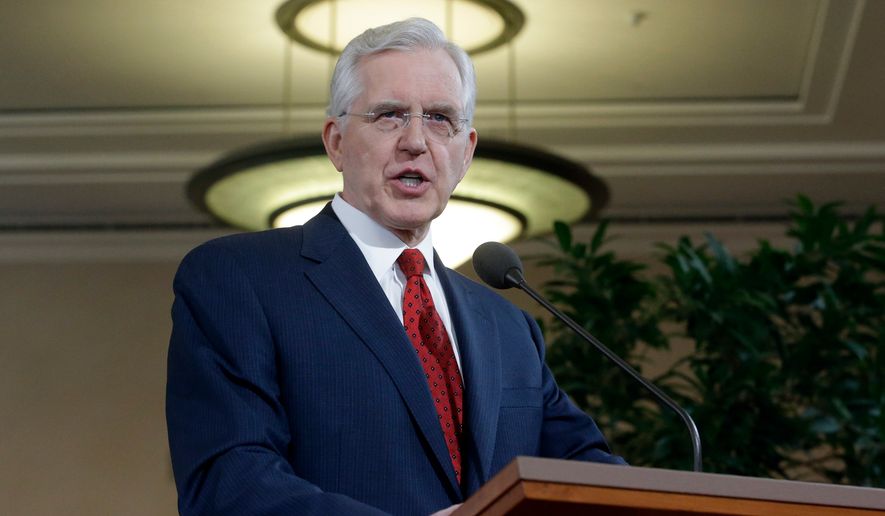 Elder D. Todd Christofferson of the Church's Quorum of the Twelve Apostles speaks during a news conference at the Conference Center, Jan. 27, 2015, in Salt Lake City. (AP Photo/Rick Bowmer, File)