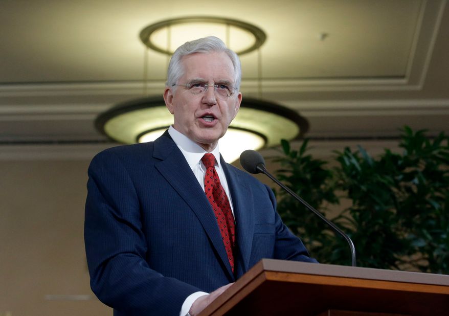 Elder D. Todd Christofferson of the Church's Quorum of the Twelve Apostles speaks during a news conference at the Conference Center, Jan. 27, 2015, in Salt Lake City. (AP Photo/Rick Bowmer, File)