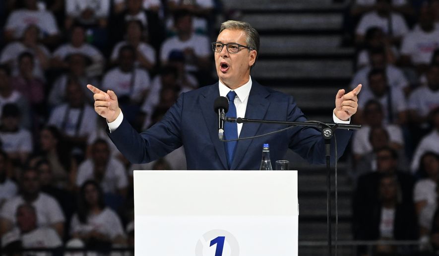 Serbia's populist leader Aleksandar Vucic speaks during a rally for the de-facto launch of his campaign for prime minister that will culminate in a pivotal election set for Oct. 25 in Belgrade, Serbia, Saturday, Oct. 3, 2026. (AP Photo)