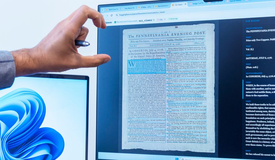 Smithsonian data scientist Mike Trizna, shows a copy on a computer screen of the first printed publication of the Declaration of Independence, Tuesday, Sept. 29, 2026, in Washington. (AP Photo/Manuel Balce Ceneta)