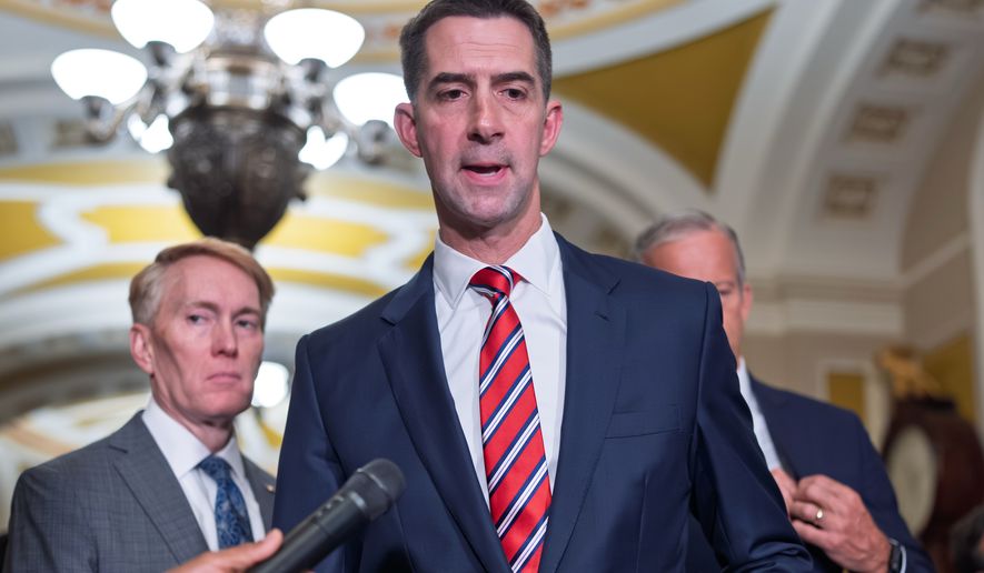 Sen. Tom Cotton, R-Ark., speaks to reporters at the Capitol in Washington, June 2, 2026. (AP Photo/J. Scott Applewhite, File)