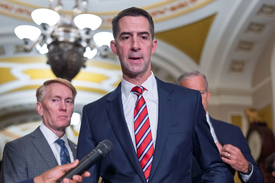 Sen. Tom Cotton, R-Ark., speaks to reporters at the Capitol in Washington, June 2, 2026. (AP Photo/J. Scott Applewhite, File)