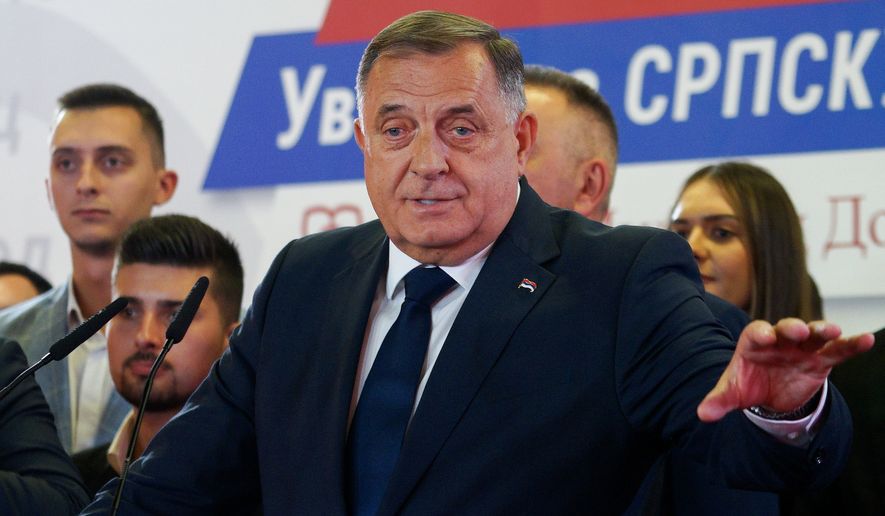 Leader of the Alliance of Independent Social Democrats (SNSD), Milorad Dodik, speaks during a news conference following the publication of general election results, in Banja Luka, Bosnia, Sunday, Oct. 4, 2026. (AP Photo/Radivoje Pavicic)