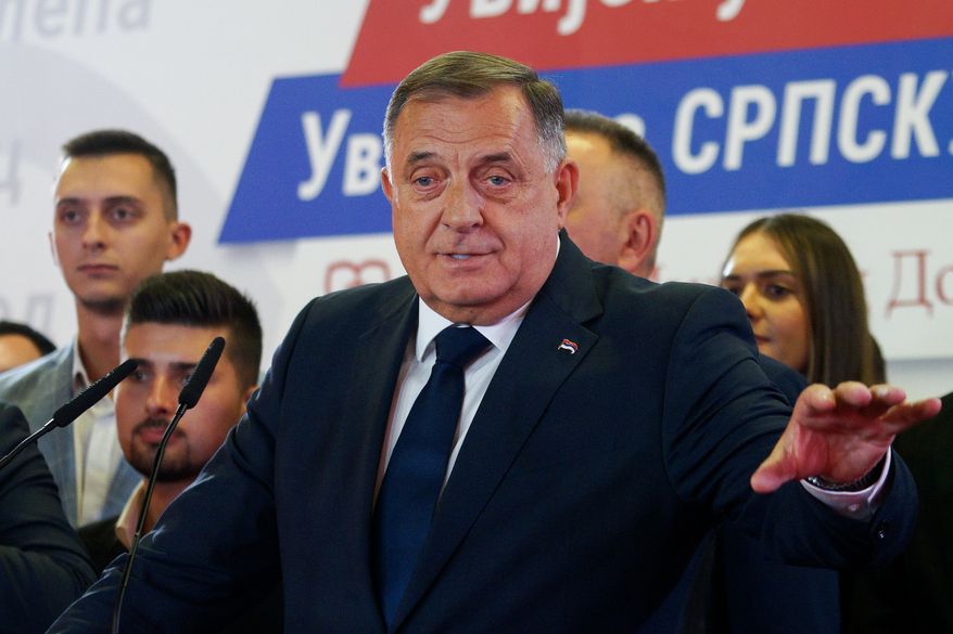 Leader of the Alliance of Independent Social Democrats (SNSD), Milorad Dodik, speaks during a news conference following the publication of general election results, in Banja Luka, Bosnia, Sunday, Oct. 4, 2026. (AP Photo/Radivoje Pavicic)