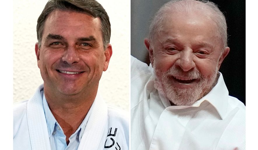 This combination of photos shows Flavio Bolsonaro, left, in Sao Paulo, on Sept. 29, 2026 and Luiz Inacio Lula da Silva in Rio de Janeiro, on Sept. 23, 2026. (AP Photo, File)