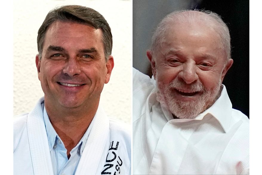 This combination of photos shows Flavio Bolsonaro, left, in Sao Paulo, on Sept. 29, 2026 and Luiz Inacio Lula da Silva in Rio de Janeiro, on Sept. 23, 2026. (AP Photo, File)