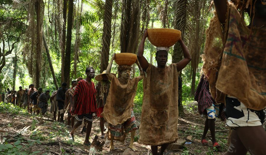 Youth march in a forest during a re-enactment of the Akatamanso War as part of the Odwira Festival celebrations in Larteh, Ghana, on Wednesday, Sept. 30, 2026 . (AP Photo)