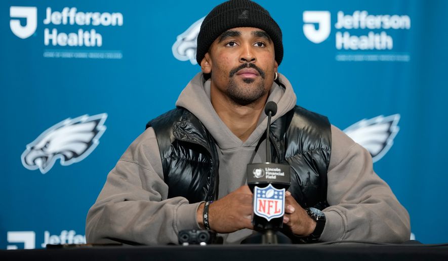 Philadelphia Eagles quarterback Jalen Hurts attends a news conference after an NFL football game against the Los Angeles Rams in Philadelphia, Sunday, Oct. 4, 2026. (AP Photo/Matt Slocum)