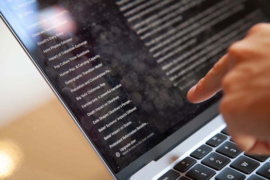 FILE - ChatGPT history by a teenager is seen at a coffee shop in Russellville, Ark., on July 15, 2025. (AP Photo/Katie Adkins, File)
