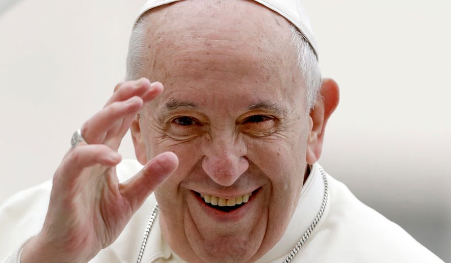 Pope Francis leaves at the end of his weekly general audience in St. Peter's Square, at the Vatican, May 15, 2019. (AP Photo/Andrew Medichini, File)