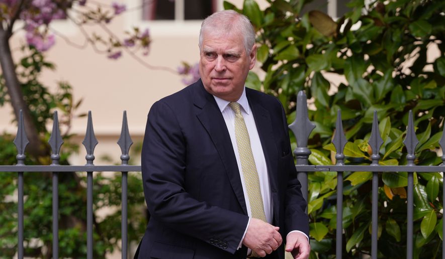 Britain's Andrew Mountbatten-Windsor, formerly known as Prince Andrew, looks round as he leaves after attending the Easter Matins Service at St. George's Chapel, Windsor Castle, England, April 20, 2025. (AP Photo/Kirsty Wigglesworth, File)
