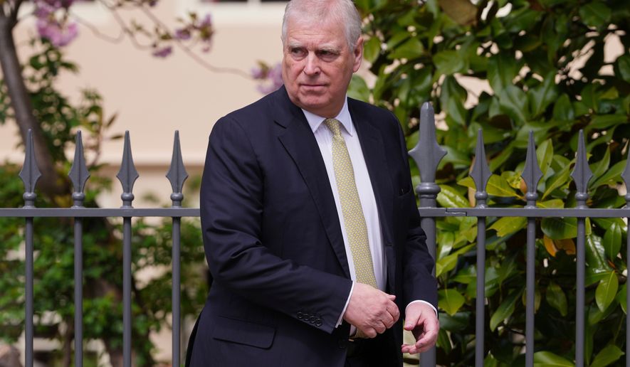 Britain's Andrew Mountbatten-Windsor, formerly known as Prince Andrew, looks round as he leaves after attending the Easter Matins Service at St. George's Chapel, Windsor Castle, England, April 20, 2025. (AP Photo/Kirsty Wigglesworth, File)