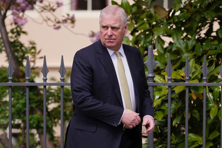 Britain's Andrew Mountbatten-Windsor, formerly known as Prince Andrew, looks round as he leaves after attending the Easter Matins Service at St. George's Chapel, Windsor Castle, England, April 20, 2025. (AP Photo/Kirsty Wigglesworth, File)