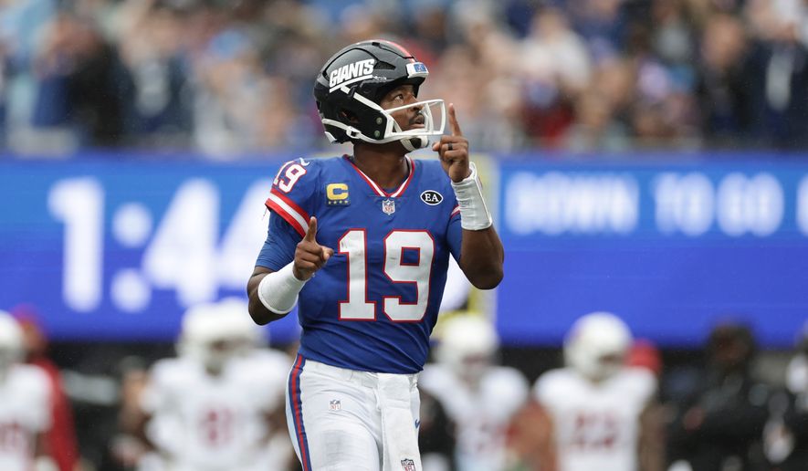 New York Giants quarterback Jameis Winston celebrates a touchdown against the Arizona Cardinals during an NFL football game, in East Rutherford, N.J., Sunday, Oct. 4, 2026. (AP Photo/Adam Hunger)