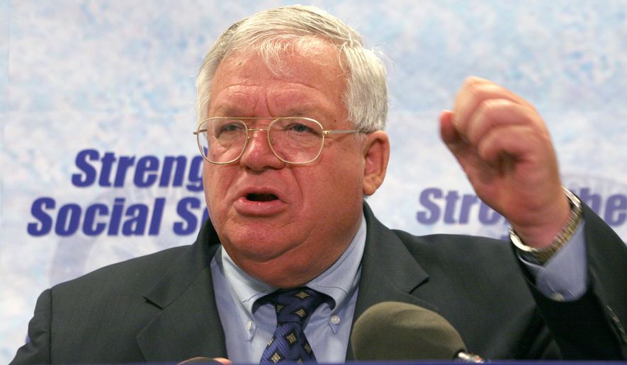 House Speaker Dennis Hastert, R-Ill., gestures during a news conference on Capitol Hill in Washington, on June 29, 2005, to discuss Social Security. (AP Photo/Lauren Victoria Burke, File)