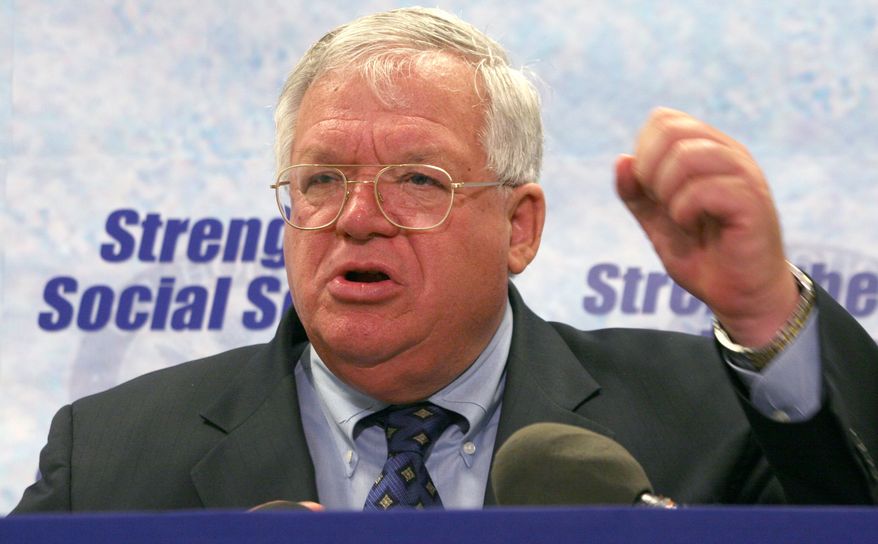 House Speaker Dennis Hastert, R-Ill., gestures during a news conference on Capitol Hill in Washington, on June 29, 2005, to discuss Social Security. (AP Photo/Lauren Victoria Burke, File)