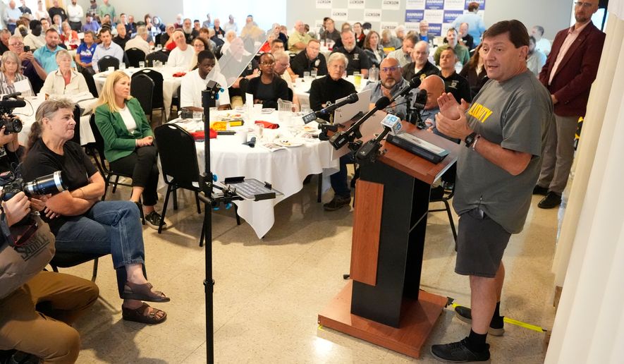 Troy Jackson, Democratic candidate for U.S. Senate, speaks at the Southern Maine Labor Council breakfast, Monday, Sept. 7, 2026, in South Portland, Maine. (AP Photo/Robert F. Bukaty)