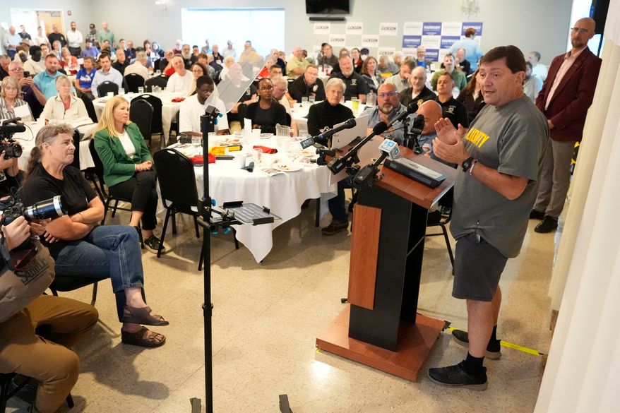 Troy Jackson, Democratic candidate for U.S. Senate, speaks at the Southern Maine Labor Council breakfast, Monday, Sept. 7, 2026, in South Portland, Maine. (AP Photo/Robert F. Bukaty)