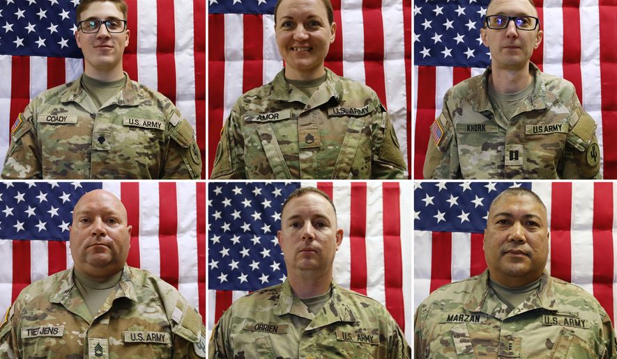 This combination of photos released by the U.S. Army taken on May 16, 2025, shows from top left, Sgt. Declan Coady, Master Sgt. Class Nicole Amor, Maj. Cody Khork, Master Sgt. Class Noah Tietjens, Maj. Jeffrey O’Brien and Chief Warrant Officer 3 Robert Marzan, after they were killed following an Iranian drone strike on March 1, 2026, in Port Shuaiba in Kuwait. (U.S. Army via AP)