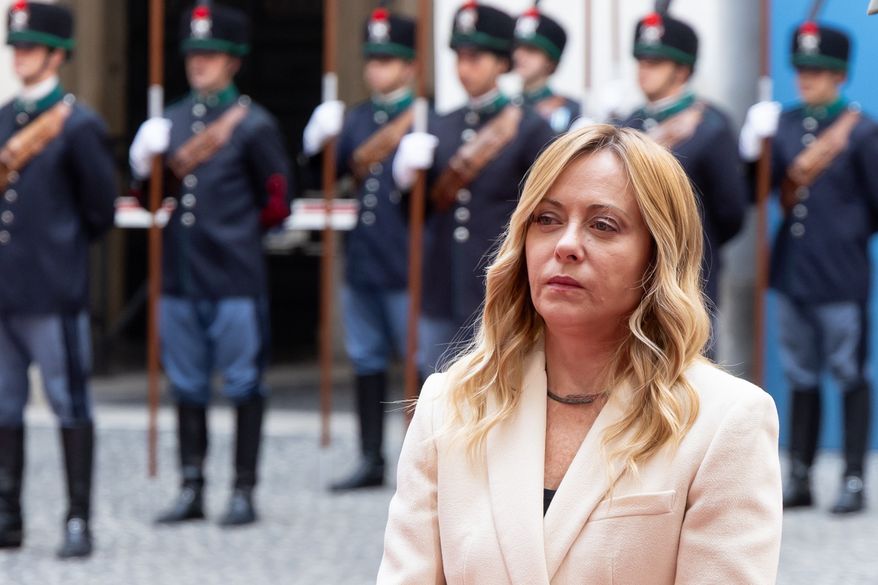 Italian Prime Minister Giorgia Meloni waits to meet Slovenian Prime Minister Janez Jansa, at Palazzo Chigi in Rome, Monday Oct. 5, 2026 (Mauro Scrobogna/LaPresse via AP)