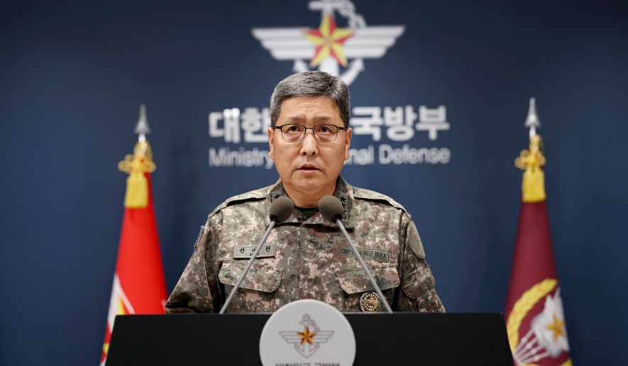 Lt. Gen. Kwon Dae-won, vice chairman of South Korea's Joint Chiefs of Staff, speaks during a briefing at the Defense Ministry in Seoul, South Korea, Monday, Oct. 5, 2026. (Lee Ji-eun/Yonhap via AP)